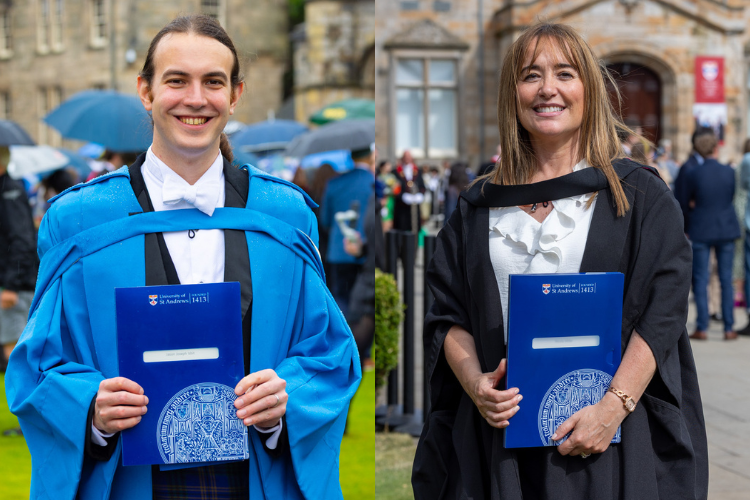 Two people in graduation gowns, one blue for PhD and one black for MA, holding their degree folders